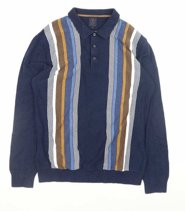 Next Men's Blue Striped Collared Cotton Henley Jumper Size L
