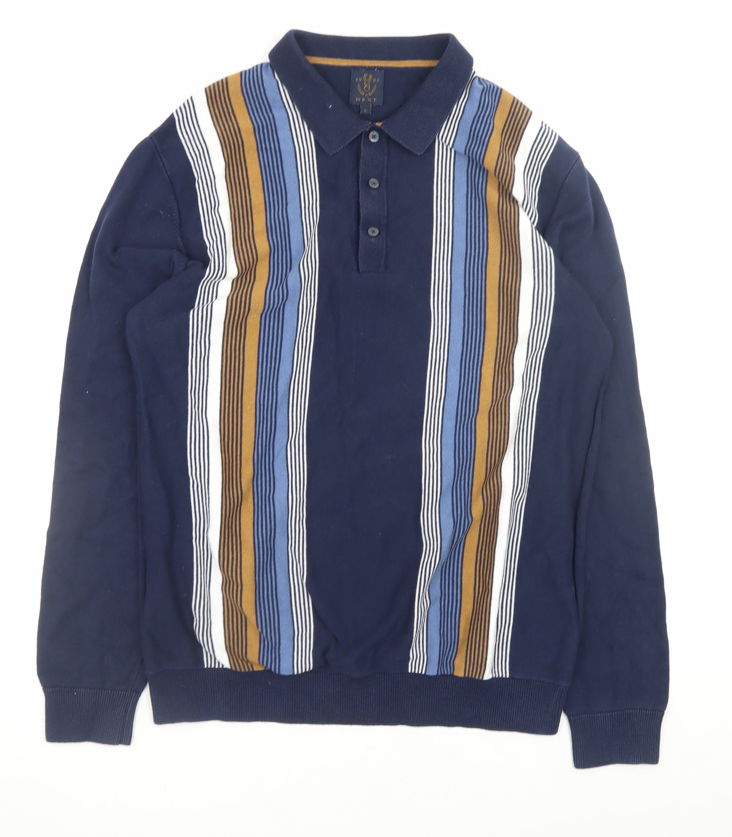 Next Men's Blue Striped Collared Cotton Henley Jumper Size L
