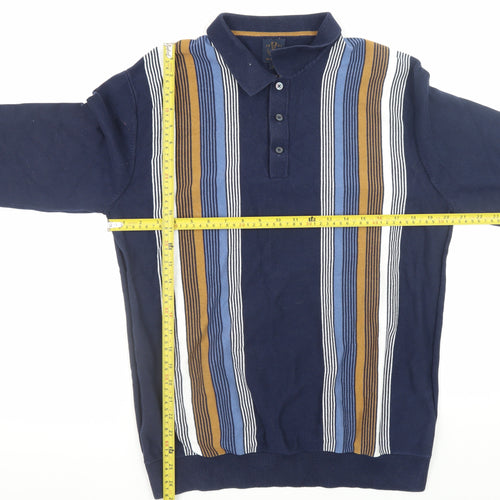 Next Men's Blue Striped Collared Cotton Henley Jumper Size L