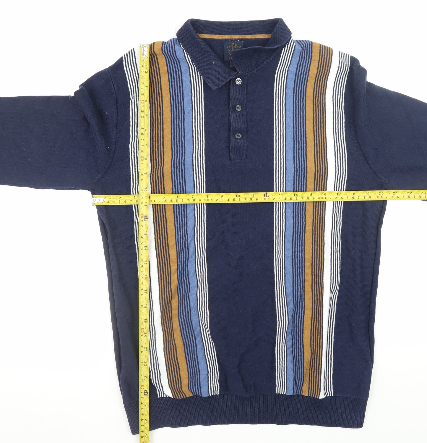 Next Men's Blue Striped Collared Cotton Henley Jumper Size L