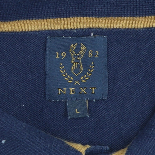 Next Men's Blue Striped Collared Cotton Henley Jumper Size L