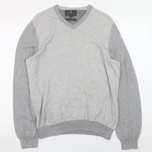 Marks and Spencer Men’s Grey V-Neck Cotton Cashmere Jumper Size L Regular Fit
