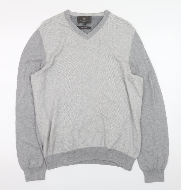 Marks and Spencer Men’s Grey V-Neck Cotton Cashmere Jumper Size L Regular Fit