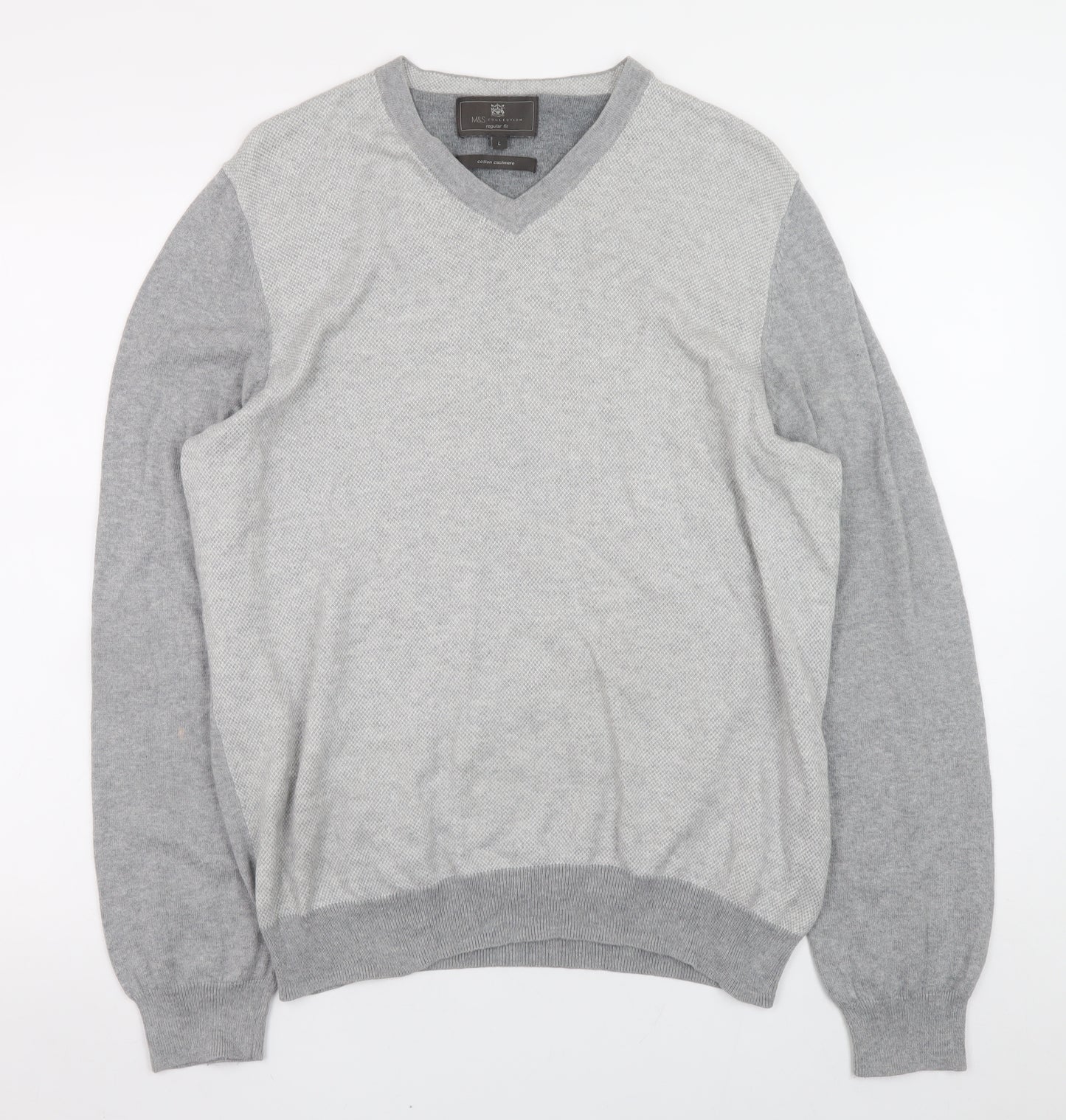 Marks and Spencer Men’s Grey V-Neck Cotton Cashmere Jumper Size L Regular Fit