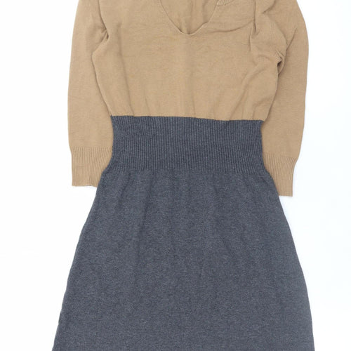 Mango Women Brown Grey Colourblock Jumper Dress M V-Neck 3/4 Sleeve Knit