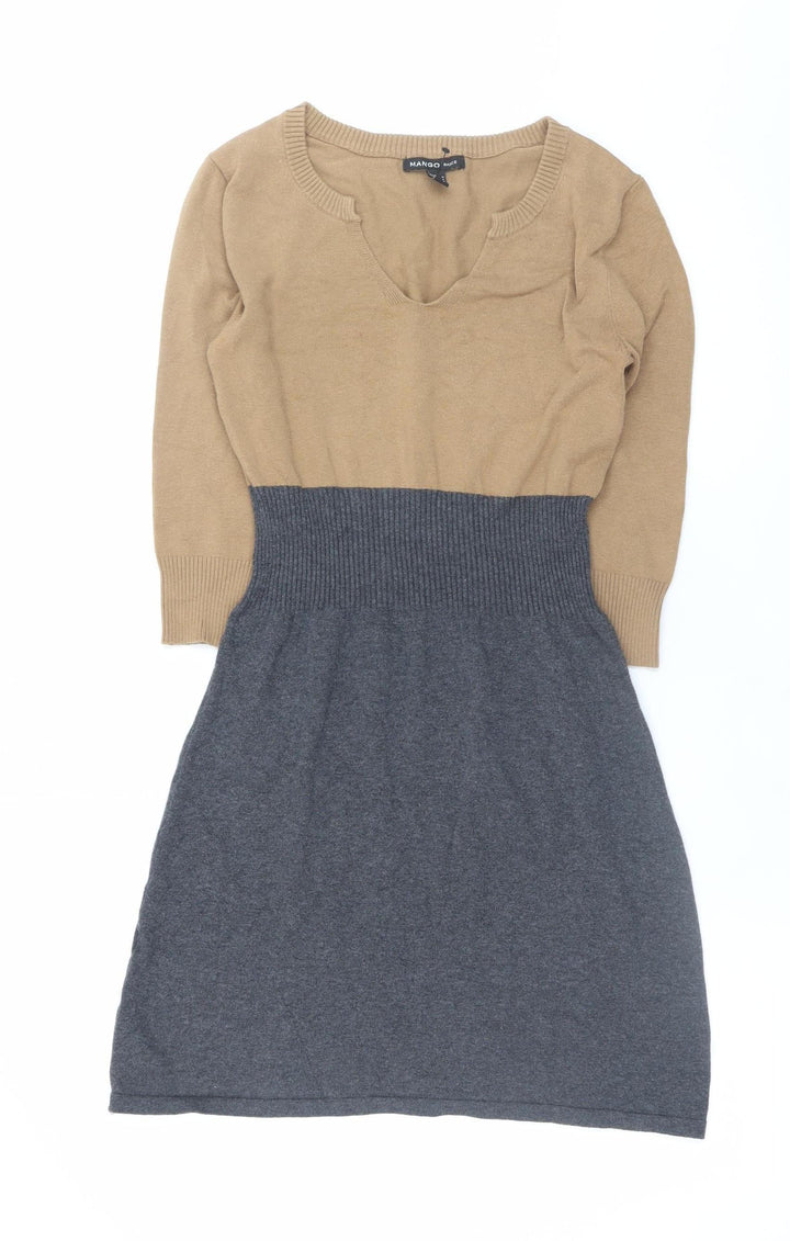 Mango Women Brown Grey Colourblock Jumper Dress M V-Neck 3/4 Sleeve Knit