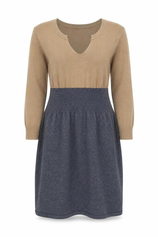 Front view of Mango Women Brown Grey Colourblock Jumper Dress M V-Neck 3/4 Sleeve Knit