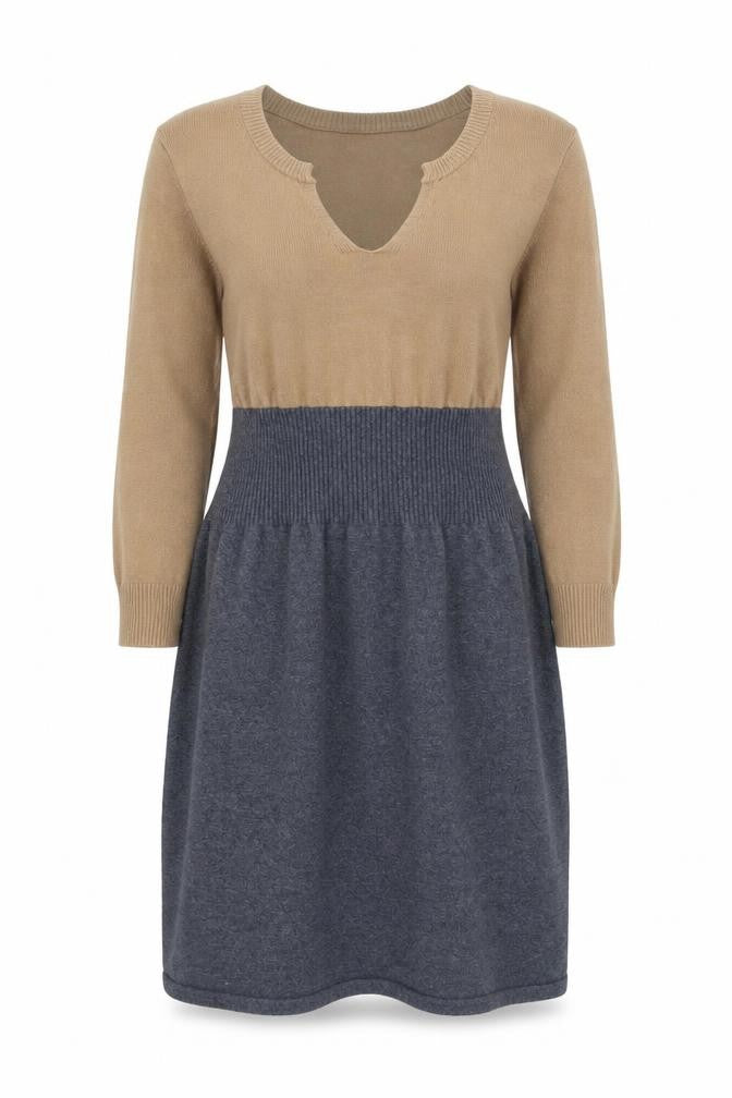 Mango Women Brown Grey Colourblock Jumper Dress M V-Neck 3/4 Sleeve Knit