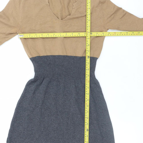 Mango Women Brown Grey Colourblock Jumper Dress M V-Neck 3/4 Sleeve Knit