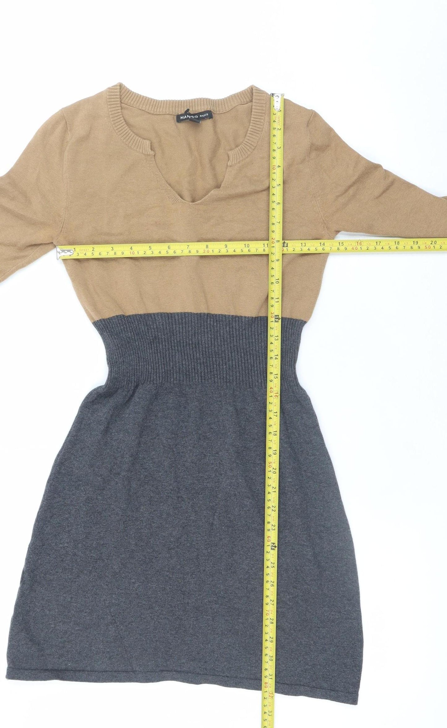 Mango Women Brown Grey Colourblock Jumper Dress M V-Neck 3/4 Sleeve Knit