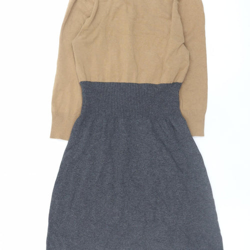 Mango Women Brown Grey Colourblock Jumper Dress M V-Neck 3/4 Sleeve Knit