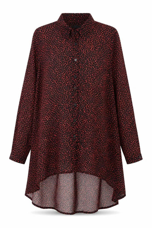 Front view of Mint Velvet Women Black Red Tunic Blouse, size 10, Chiffon Long Sleeve