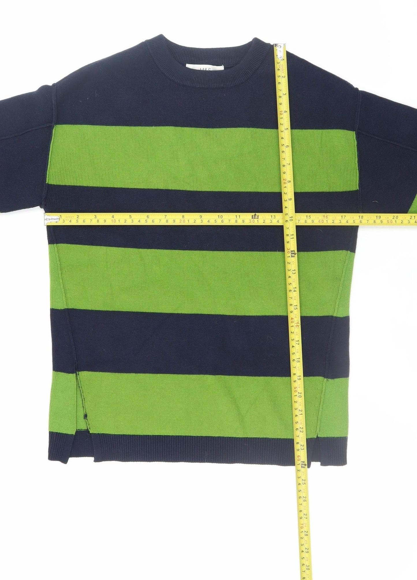 Marks and Spencer Women's XS Green Navy Striped Crew Neck Jumper