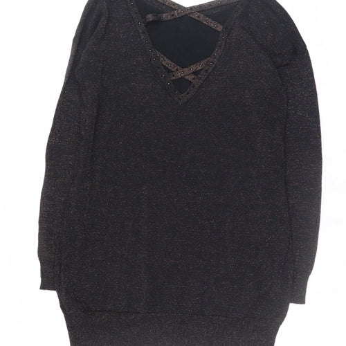 Amaryllis Womens Black Metallic V-Neck Long Sleeve Pullover Jumper Size 12