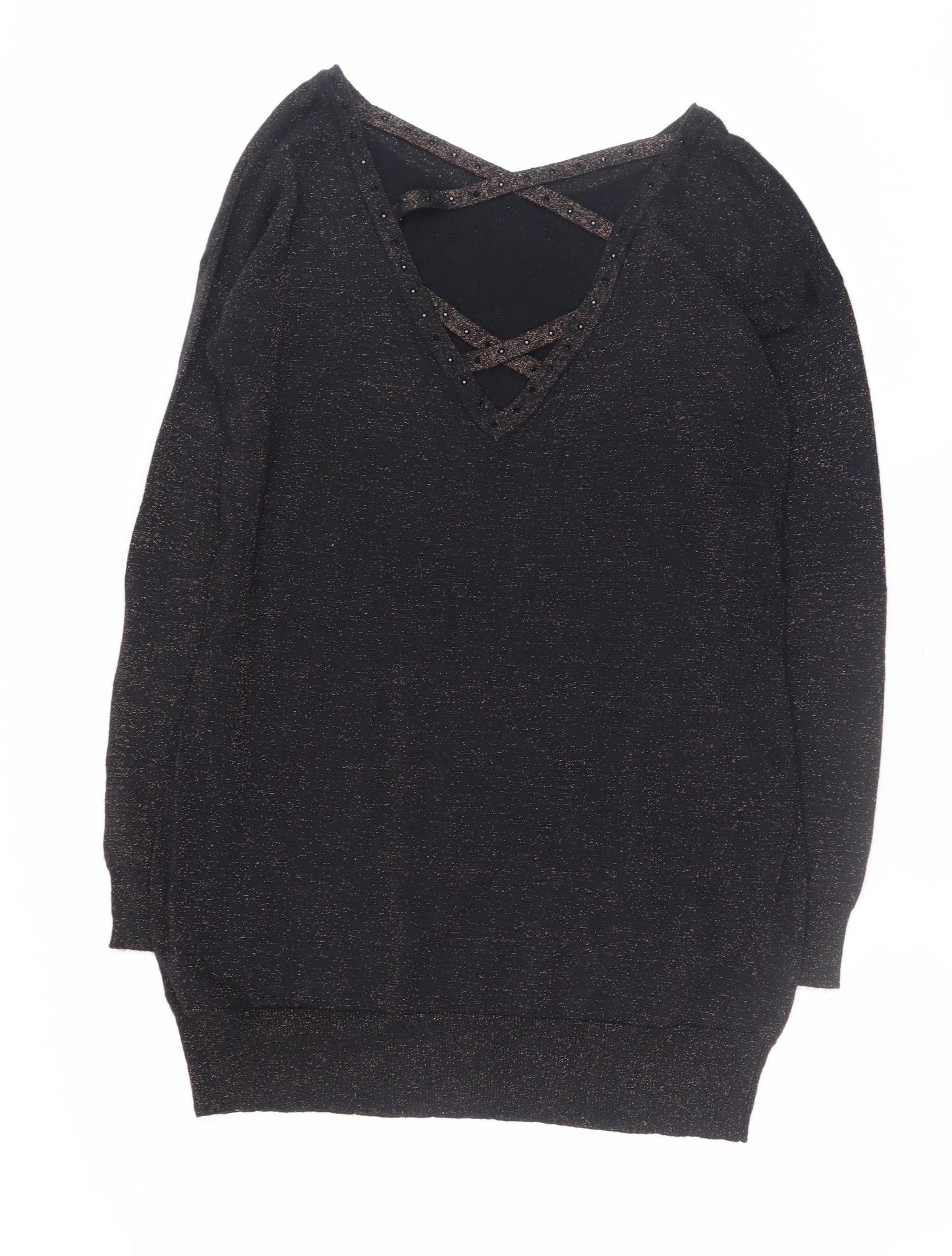 Amaryllis Womens Black Metallic V-Neck Long Sleeve Pullover Jumper Size 12