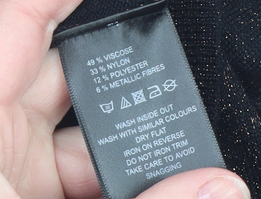 Amaryllis Womens Black Metallic V-Neck Long Sleeve Pullover Jumper Size 12