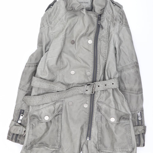 River Island Women’s Grey Faux Leather Trench Coat Size 14 Belted