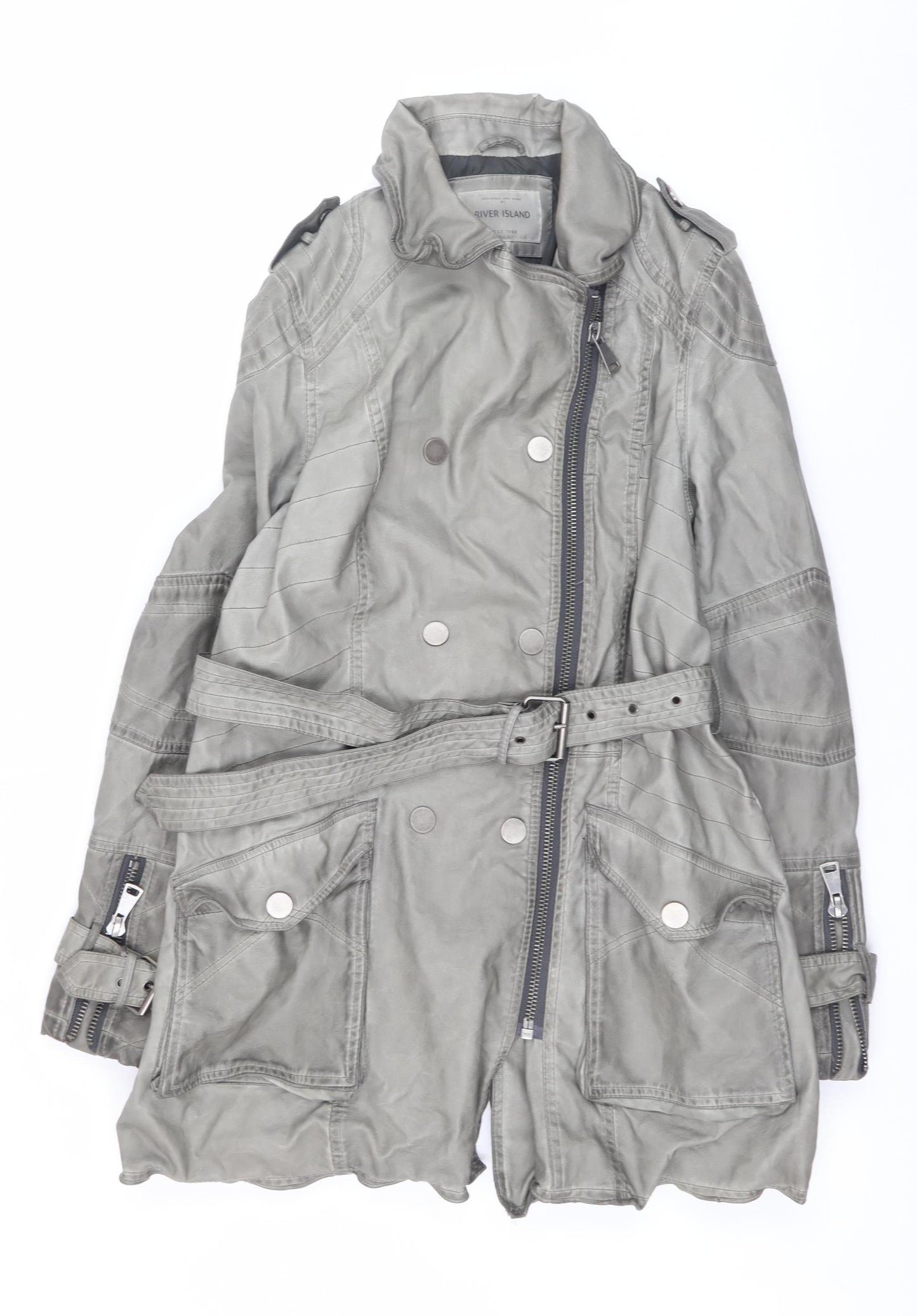 River Island Women’s Grey Faux Leather Trench Coat Size 14 Belted