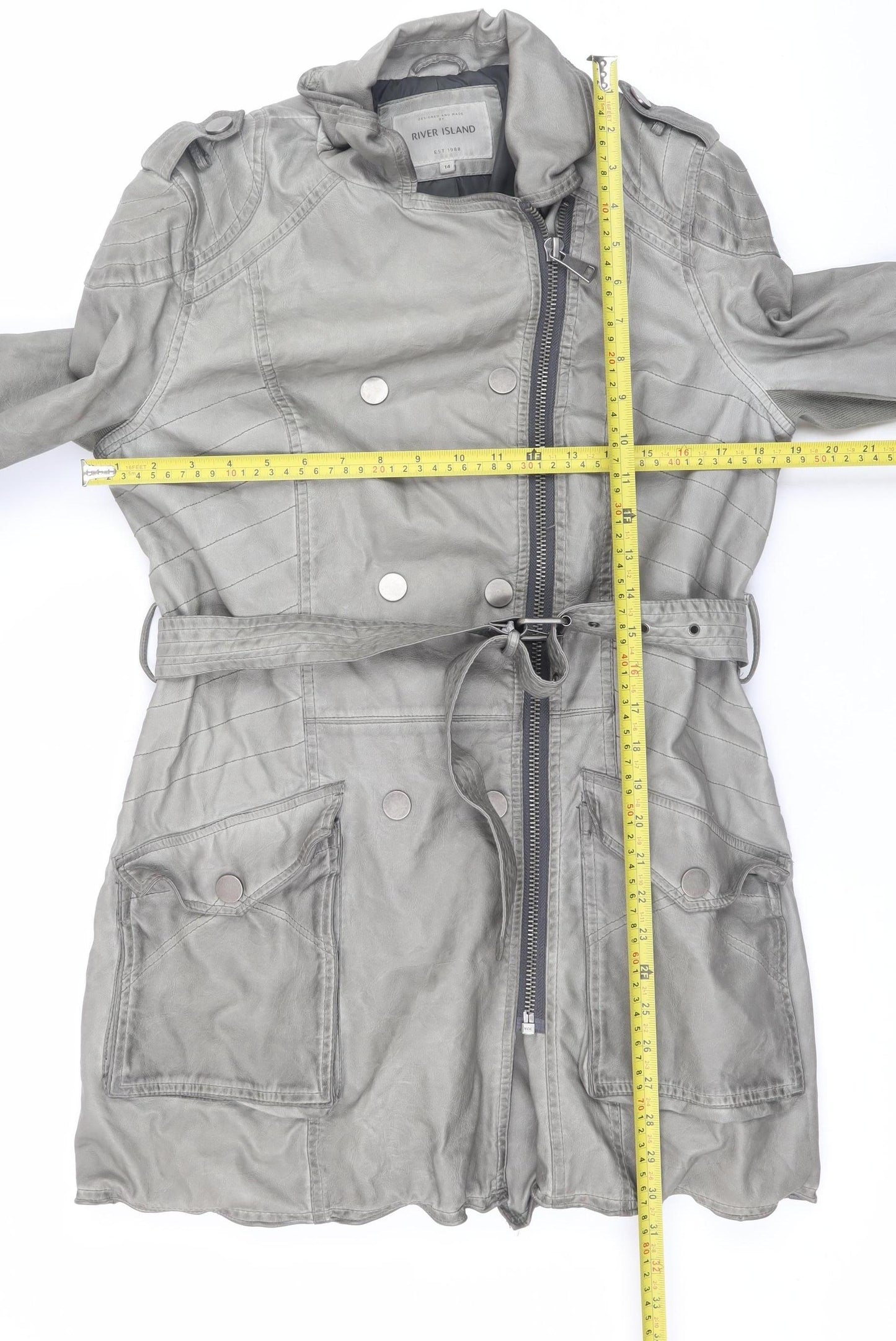 River Island Women’s Grey Faux Leather Trench Coat Size 14 Belted