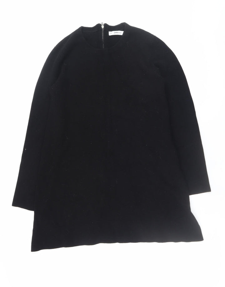 Zara Women Black Knit Shift Dress L Long Sleeve Round Neck