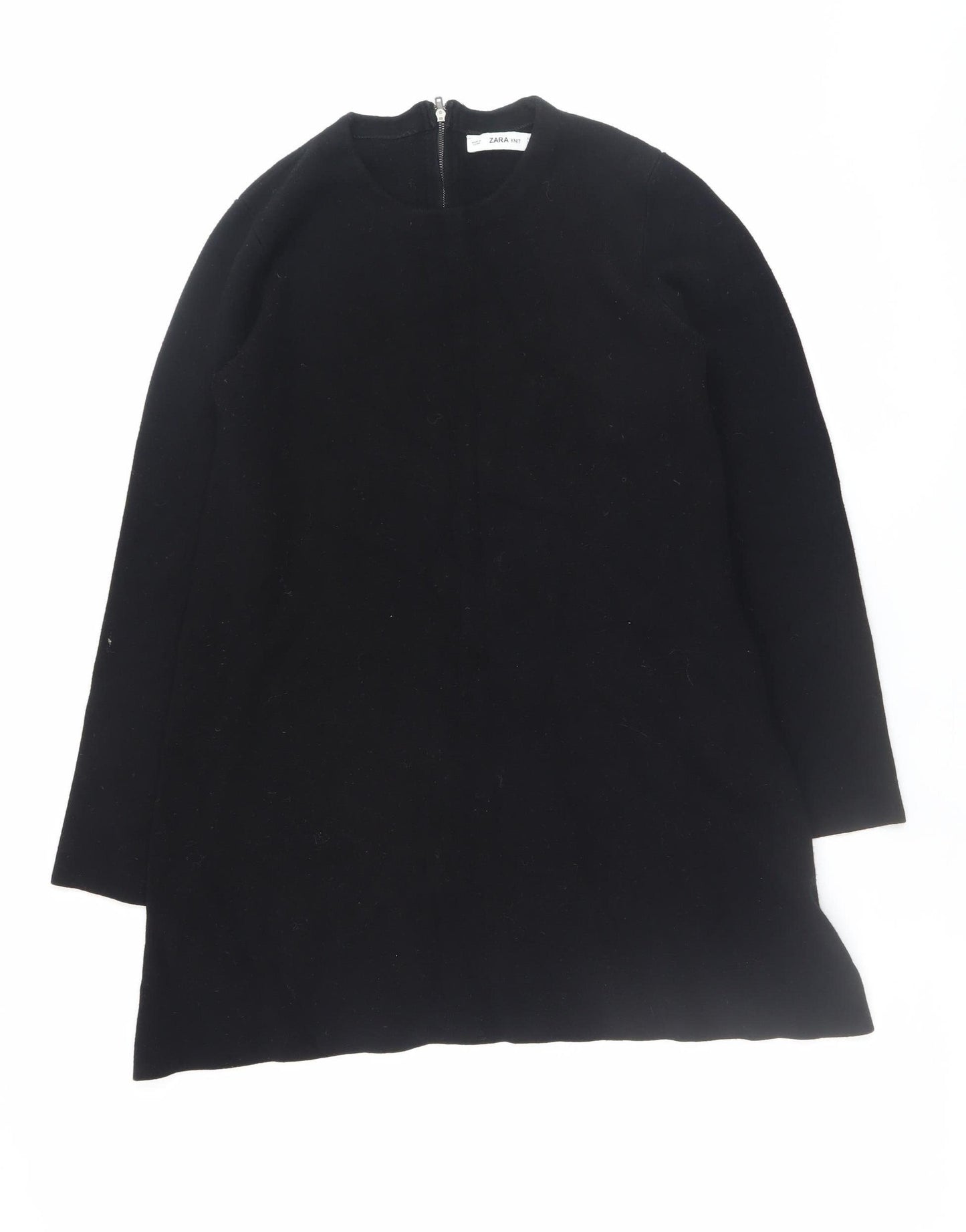 Zara Women Black Knit Shift Dress L Long Sleeve Round Neck