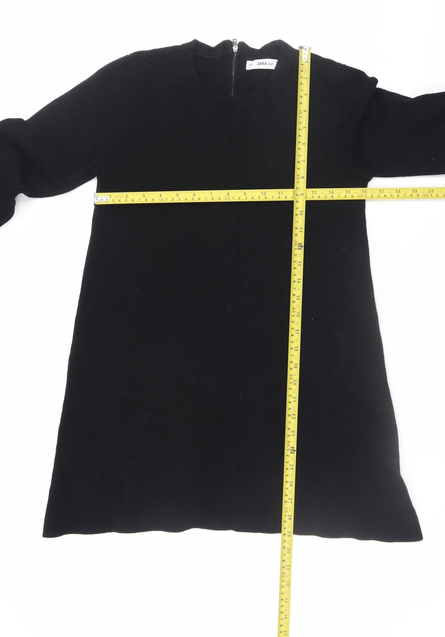 Zara Women Black Knit Shift Dress L Long Sleeve Round Neck