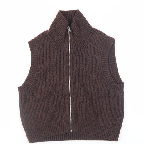 Weekday Women Brown Rib-Knit Wool Blend Zip Vest XS
