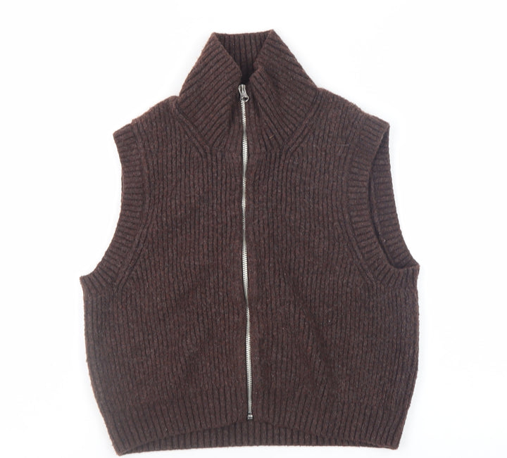 Weekday Women Brown Rib-Knit Wool Blend Zip Vest XS