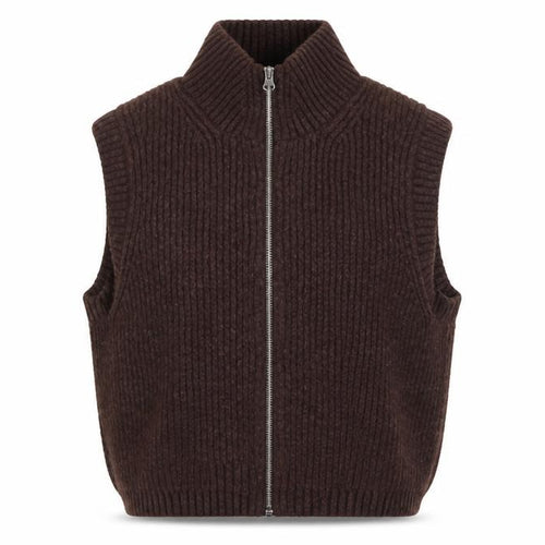 Weekday Women Brown Rib-Knit Wool Blend Zip Vest XS
