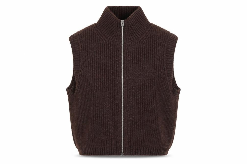 Weekday Women Brown Rib-Knit Wool Blend Zip Vest XS