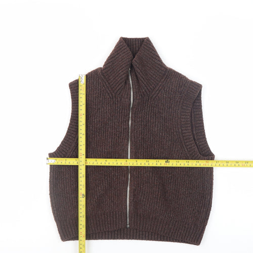 Weekday Women Brown Rib-Knit Wool Blend Zip Vest XS
