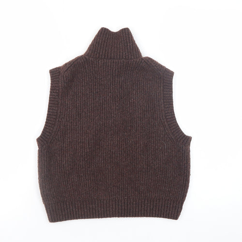 Weekday Women Brown Rib-Knit Wool Blend Zip Vest XS