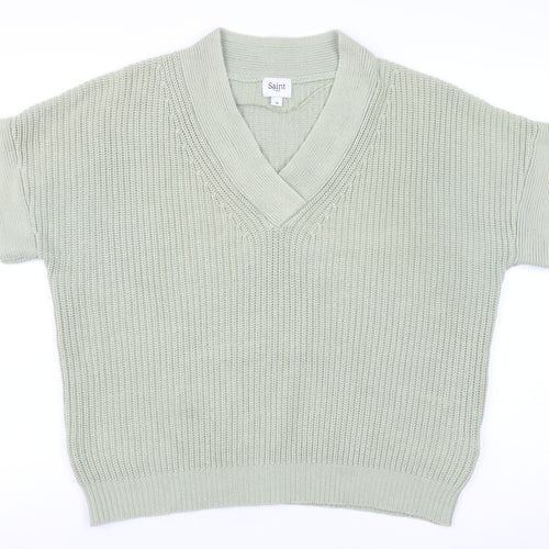 Saint Tropez Women Green Cotton V-Neck Short Sleeve Knit Jumper M