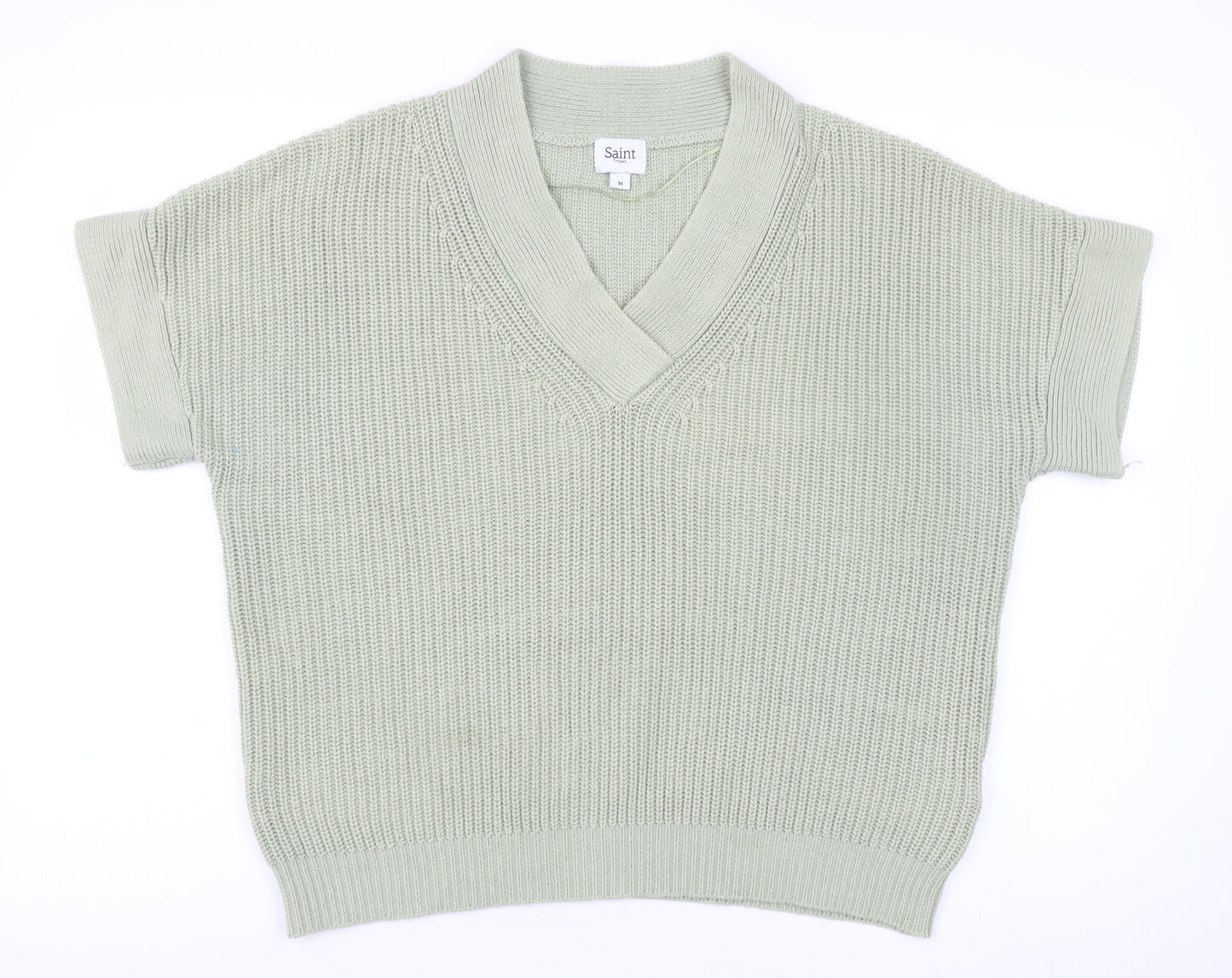 Saint Tropez Women Green Cotton V-Neck Short Sleeve Knit Jumper M