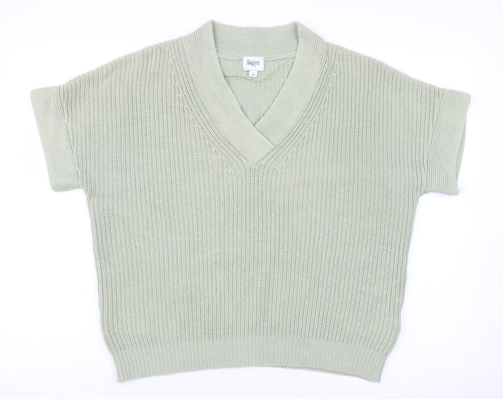 Saint Tropez Women Green Cotton V-Neck Short Sleeve Knit Jumper M