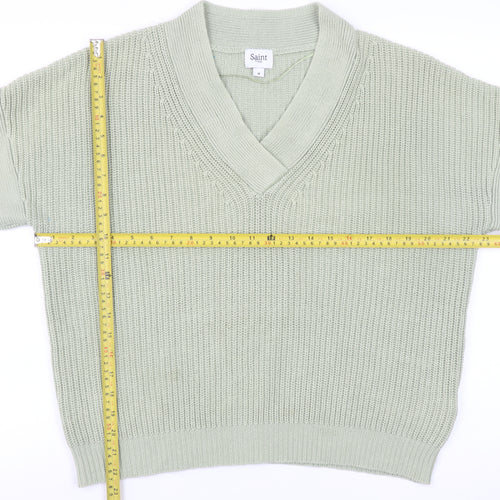 Saint Tropez Women Green Cotton V-Neck Short Sleeve Knit Jumper M
