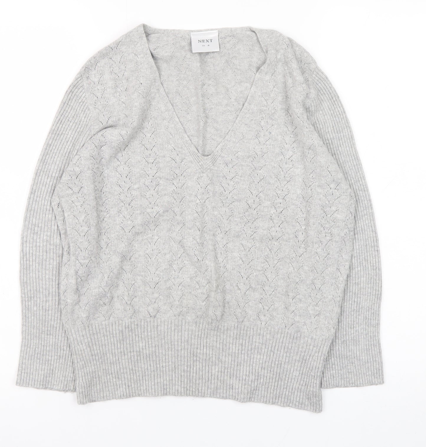 Next Women Grey V-Neck Long Sleeve Knit Jumper Size 18