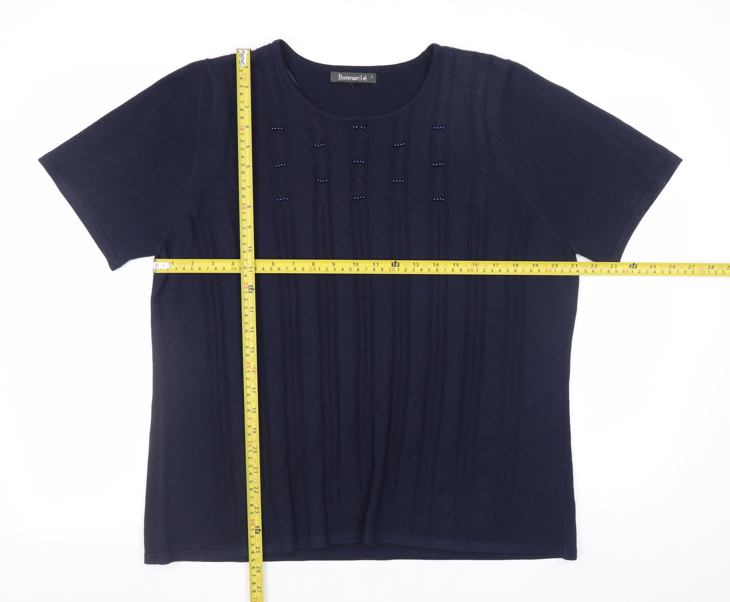 Bonmarché Women’s Blue Beaded Short Sleeve Knit Pullover Jumper L