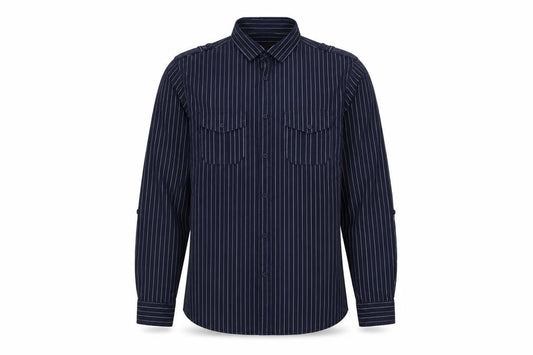 Front view of Burton Men's Blue Striped Long Sleeve Cotton Button-Up Shirt L