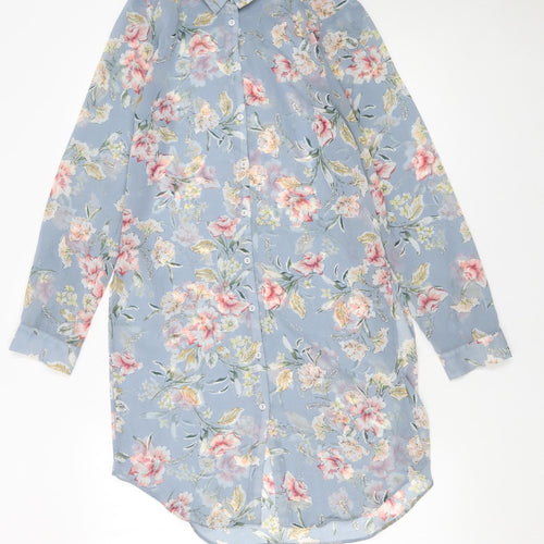 New Look Women Blue Floral Long Sleeve Button-Up Tunic Shirt UK 10