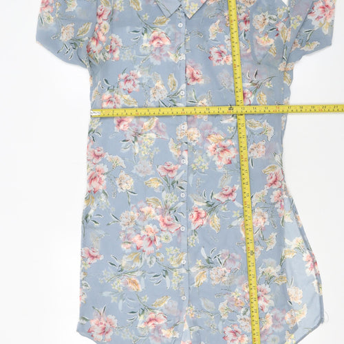 New Look Women Blue Floral Long Sleeve Button-Up Tunic Shirt UK 10