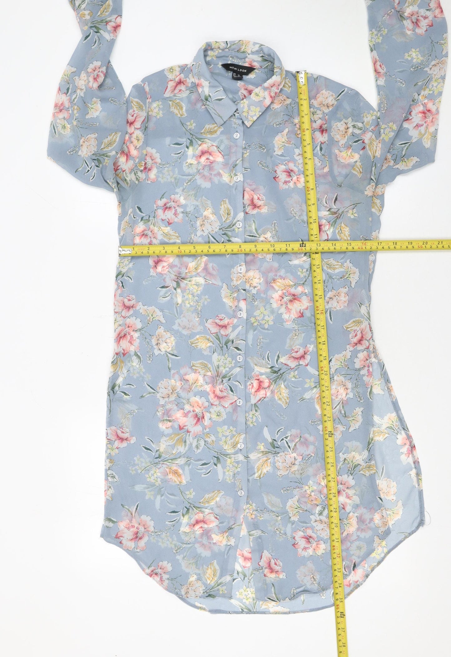 New Look Women Blue Floral Long Sleeve Button-Up Tunic Shirt UK 10