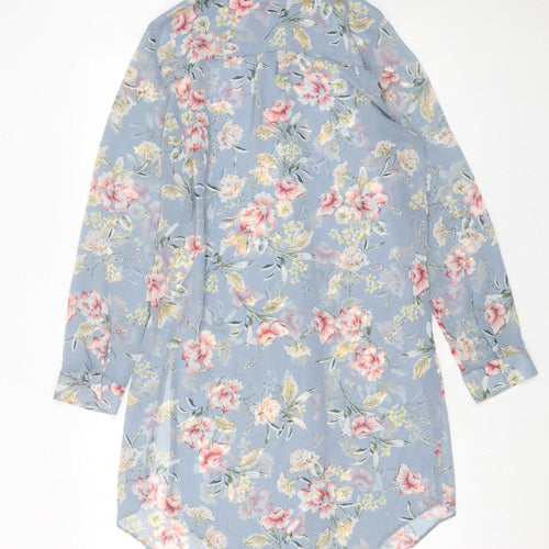 New Look Women Blue Floral Long Sleeve Button-Up Tunic Shirt UK 10