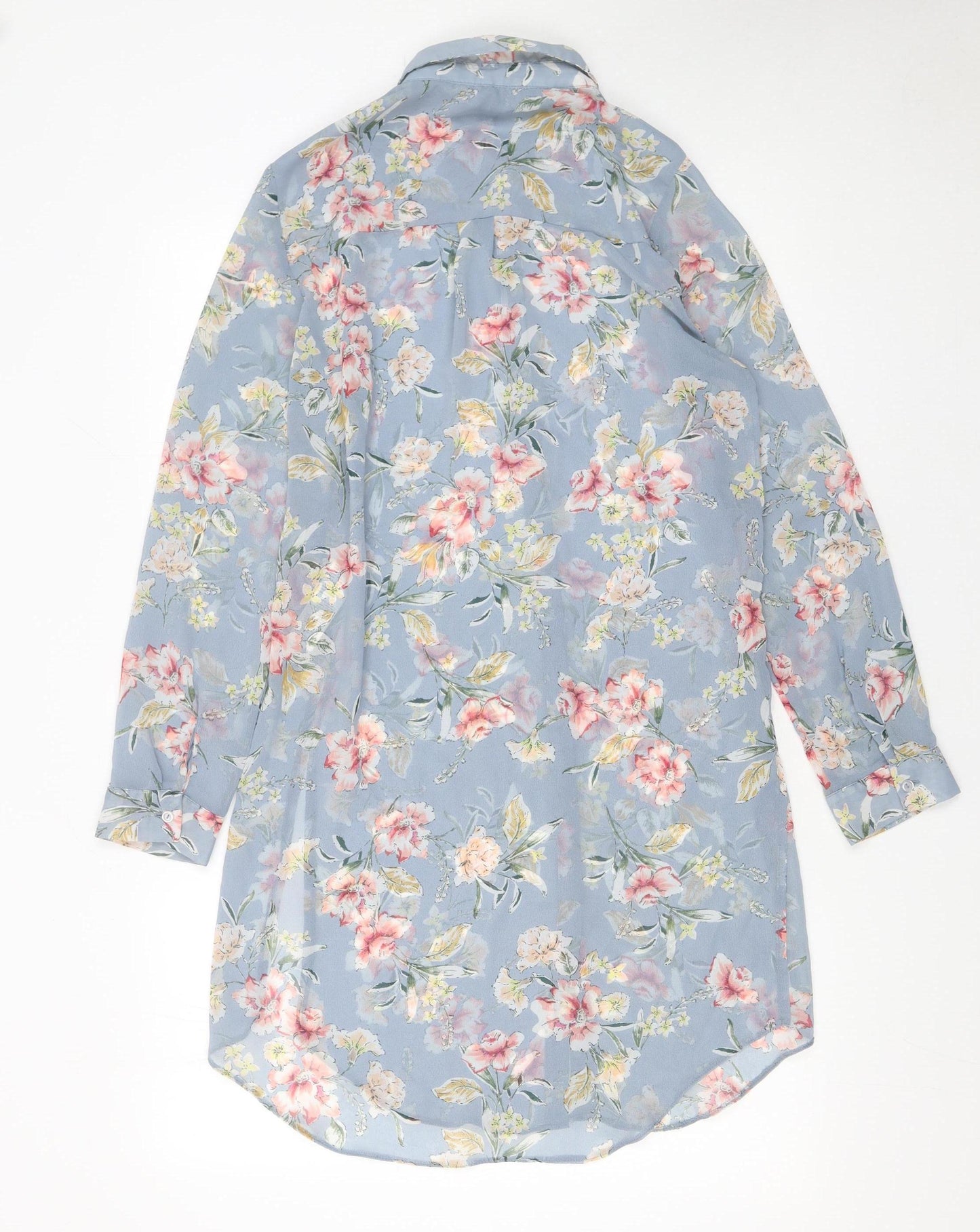 New Look Women Blue Floral Long Sleeve Button-Up Tunic Shirt UK 10
