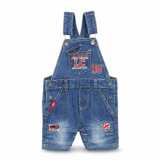 Front view of Lee Cooper boys’ blue denim romper 3-6 months adjustable dungaree style