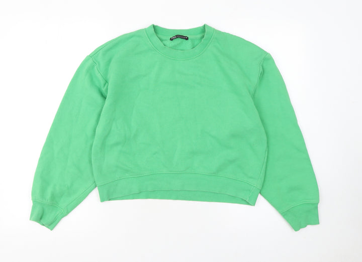 Zara Women Green Crew Neck Long Sleeve Pullover Sweatshirt Size S