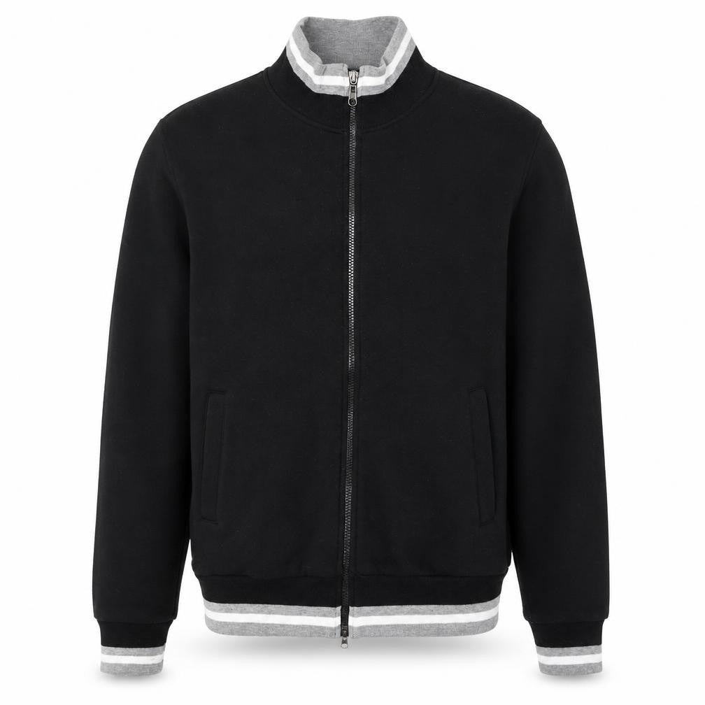 Front view of KOMBLEN men’s black medium varsity jacket full zip cotton blend