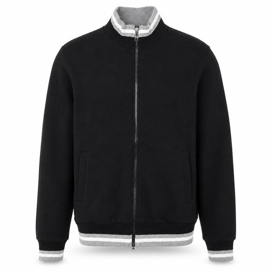 Front view of KOMBLEN men’s black medium varsity jacket full zip cotton blend