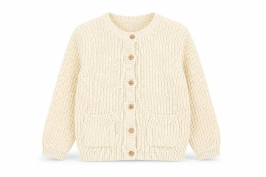 Front view of George girls’ ivory button-up cotton acrylic cardigan 5-6 years