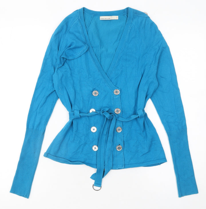 Karen Millen Women's Blue V-Neck Belted Cardigan Size 10